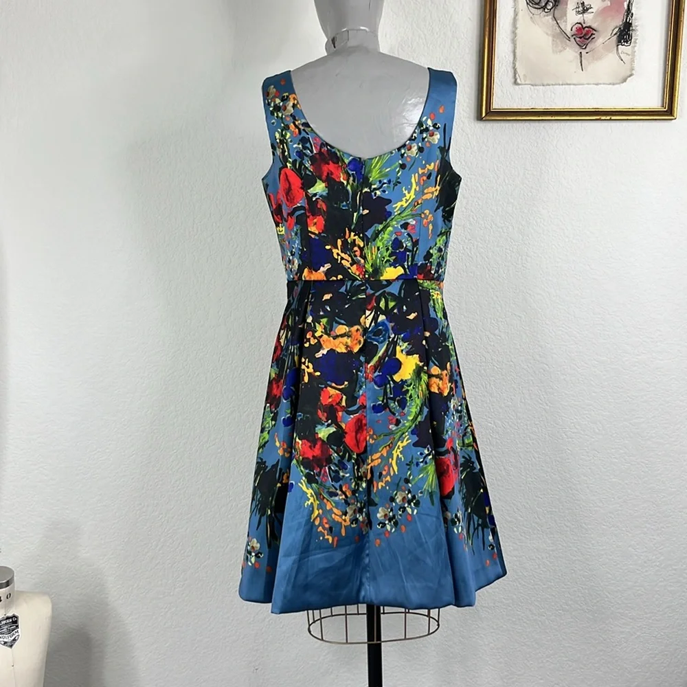 David Meister Blue Floral Fit Flare Sleeveless Scoop Neck Party Dress - Picture 6 of 11